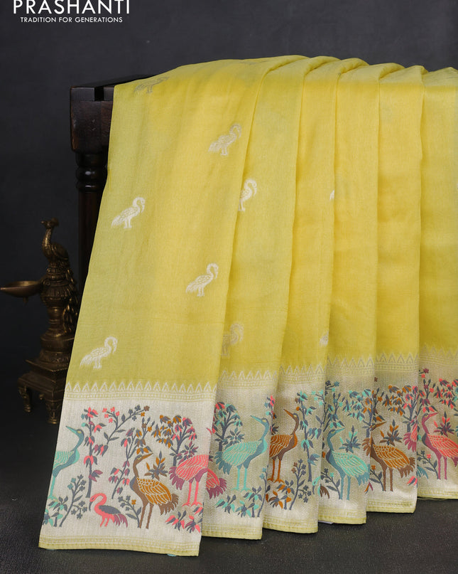 Banarasi semi raw silk saree lime yellow with silver zari woven buttas and mina border