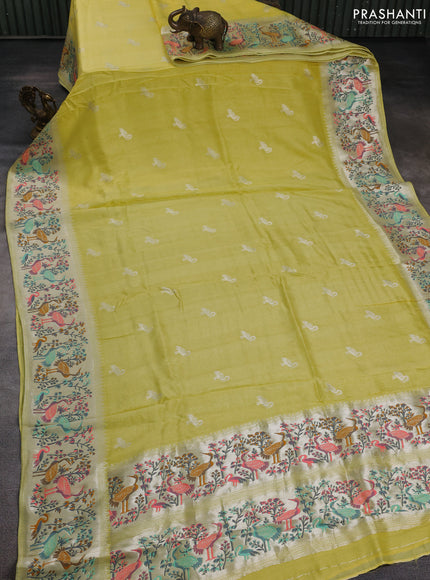 Banarasi semi raw silk saree lime yellow with silver zari woven buttas and mina border