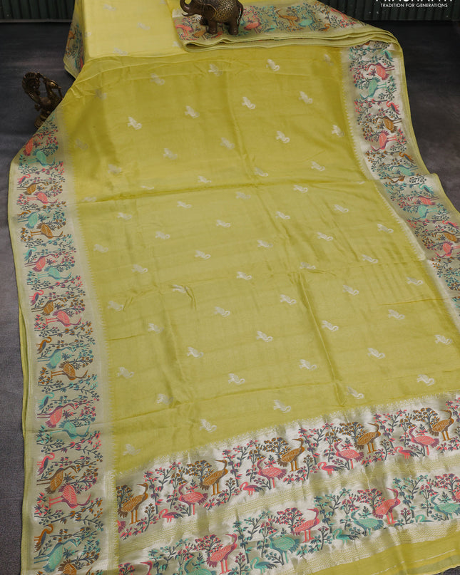 Banarasi semi raw silk saree lime yellow with silver zari woven buttas and mina border