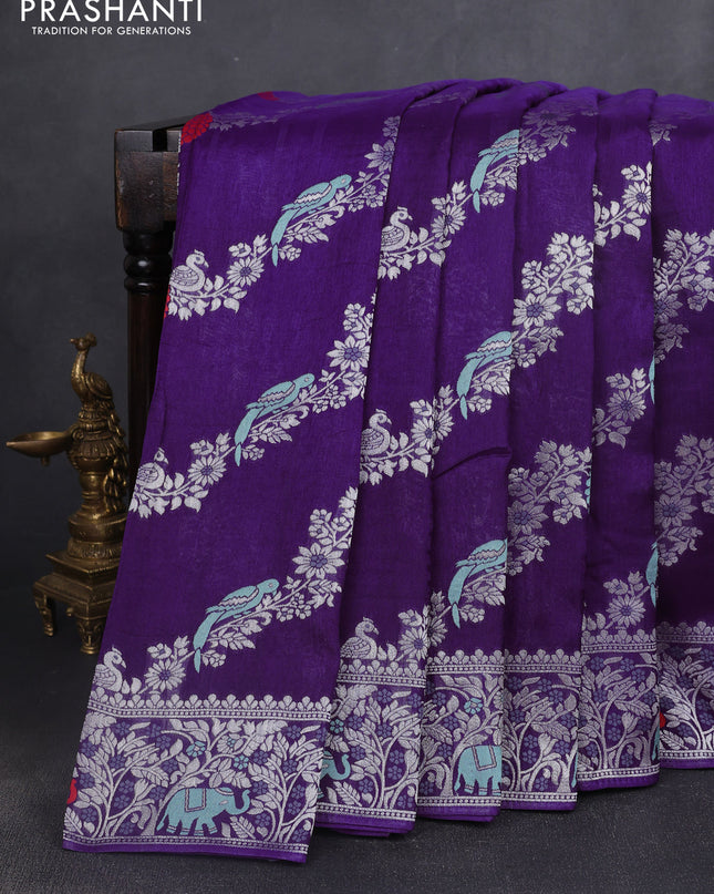 Banarasi semi raw silk saree violet with allover mina wevaes and woven border