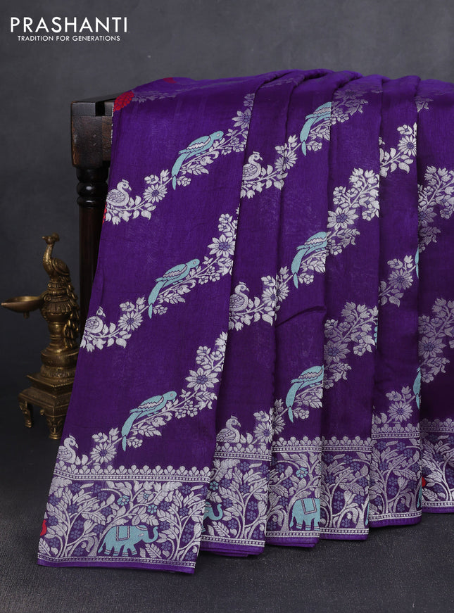Banarasi semi raw silk saree violet with allover mina wevaes and woven border