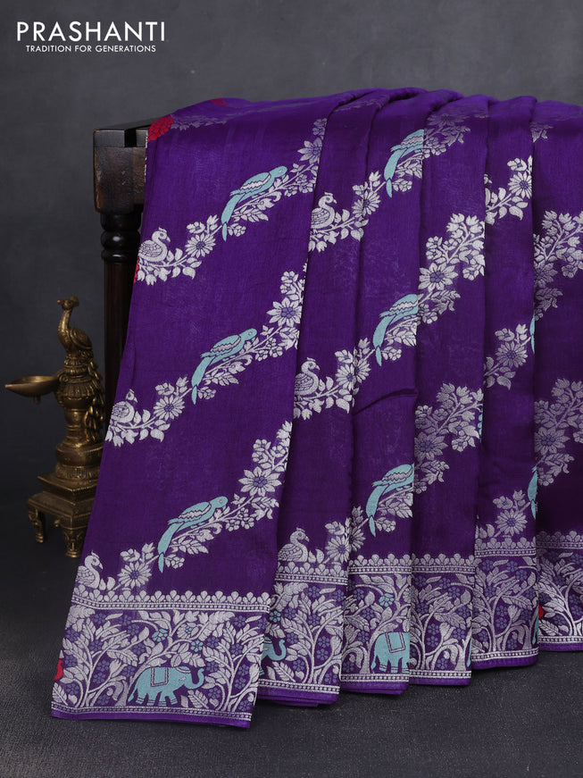Banarasi semi raw silk saree violet with allover mina wevaes and woven border