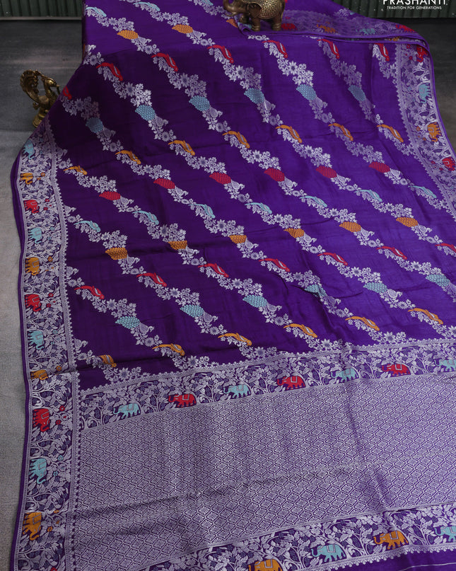 Banarasi semi raw silk saree violet with allover mina wevaes and woven border