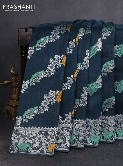 Banarasi semi raw silk saree peacock blue with allover mina wevaes and woven border
