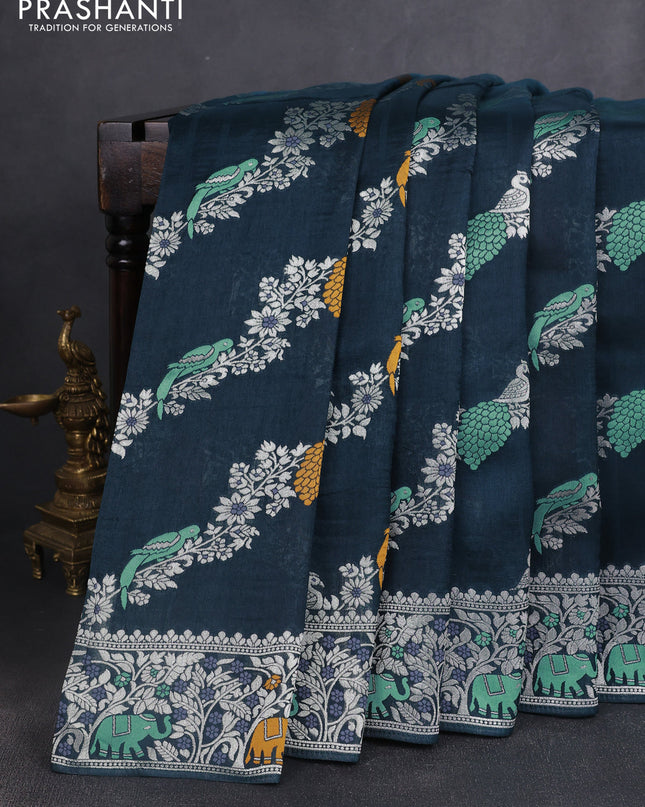 Banarasi semi raw silk saree peacock blue with allover mina wevaes and woven border