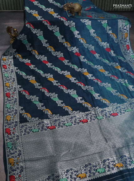 Banarasi semi raw silk saree peacock blue with allover mina wevaes and woven border