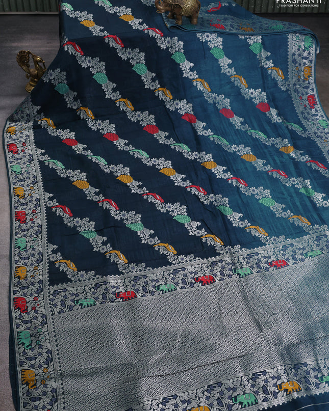 Banarasi semi raw silk saree peacock blue with allover mina wevaes and woven border