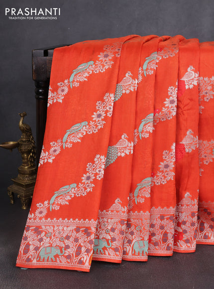 Banarasi semi raw silk saree orange with allover mina wevaes and woven border