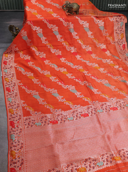 Banarasi semi raw silk saree orange with allover mina wevaes and woven border