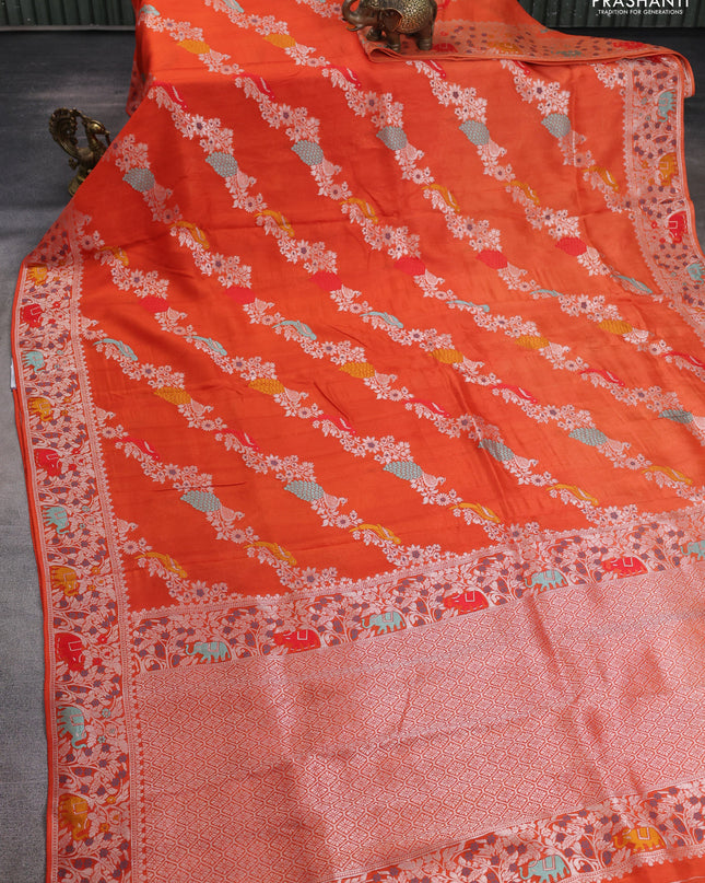 Banarasi semi raw silk saree orange with allover mina wevaes and woven border