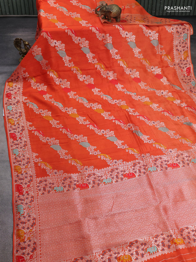 Banarasi semi raw silk saree orange with allover mina wevaes and woven border
