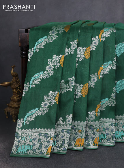 Banarasi semi raw silk saree green with allover mina wevaes and woven border