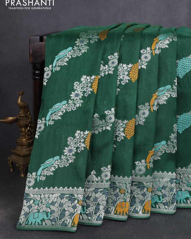 Banarasi semi raw silk saree green with allover mina wevaes and woven border