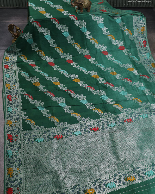 Banarasi semi raw silk saree green with allover mina wevaes and woven border