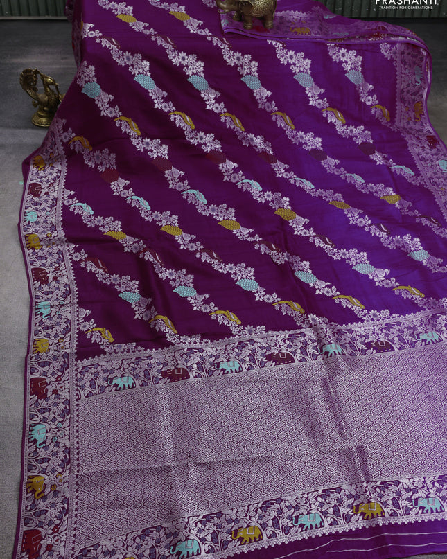 Banarasi semi raw silk saree purple with allover mina wevaes and woven border