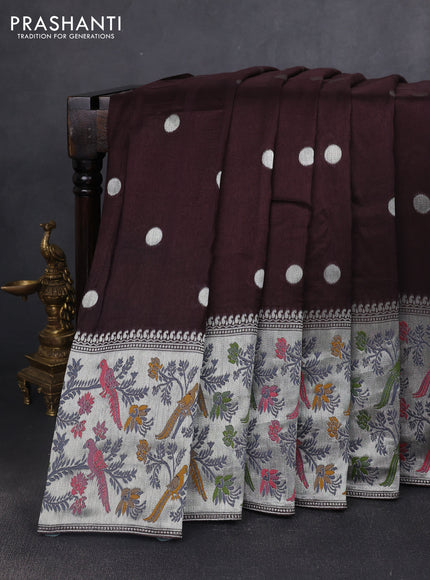 Banarasi semi raw silk saree coffee brown with silver zari woven coin buttas and mina border