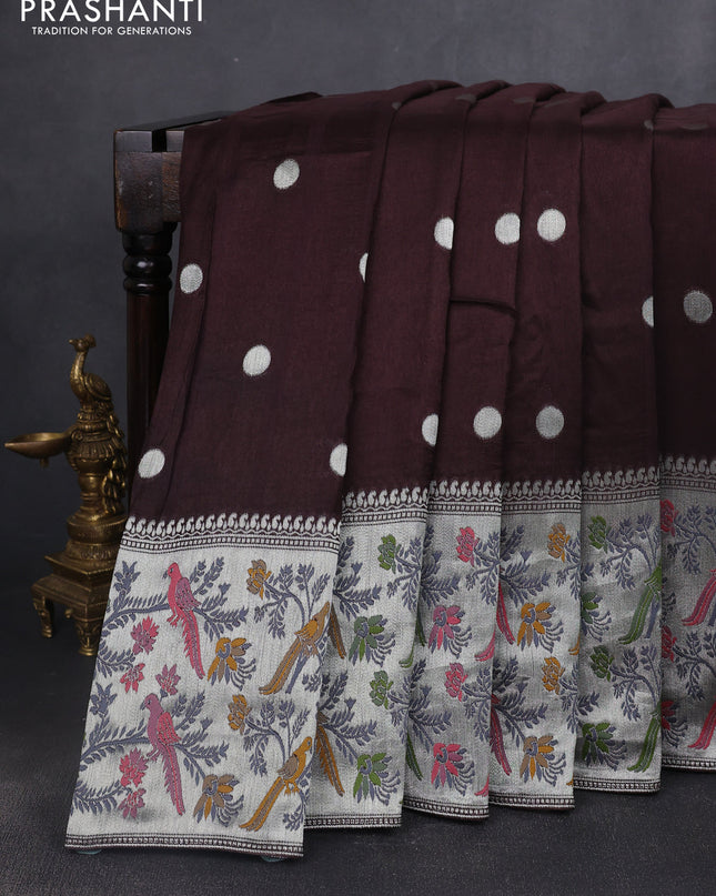 Banarasi semi raw silk saree coffee brown with silver zari woven coin buttas and mina border