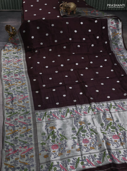 Banarasi semi raw silk saree coffee brown with silver zari woven coin buttas and mina border