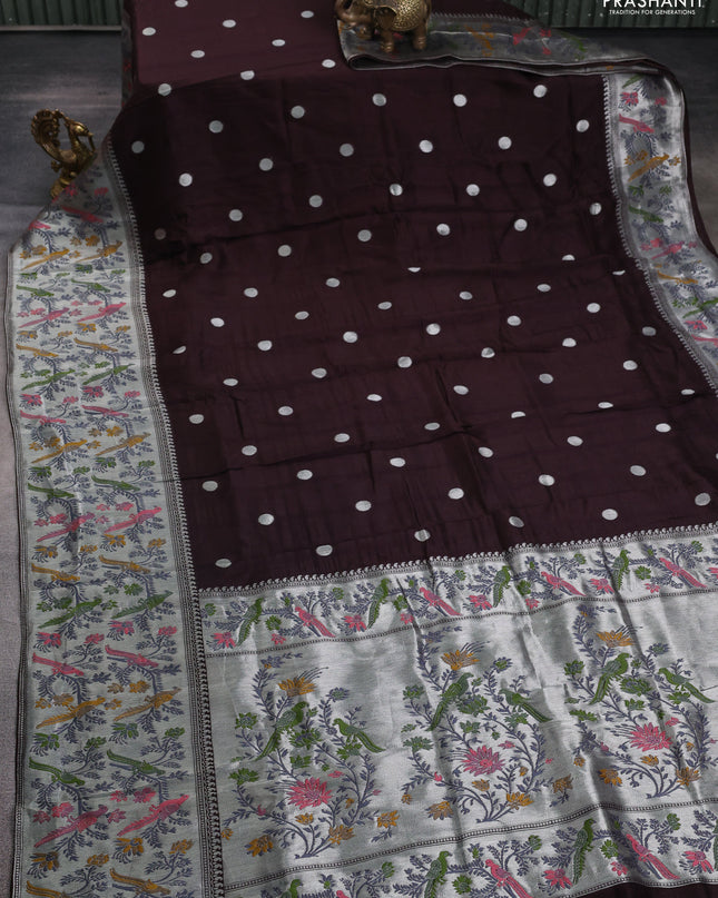 Banarasi semi raw silk saree coffee brown with silver zari woven coin buttas and mina border