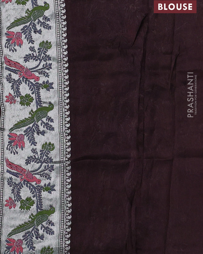 Banarasi semi raw silk saree coffee brown with silver zari woven coin buttas and mina border
