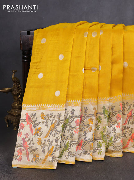Banarasi semi raw silk saree mustard yellow with silver zari woven coin buttas and mina border