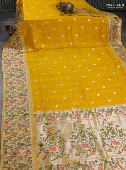 Banarasi semi raw silk saree mustard yellow with silver zari woven coin buttas and mina border