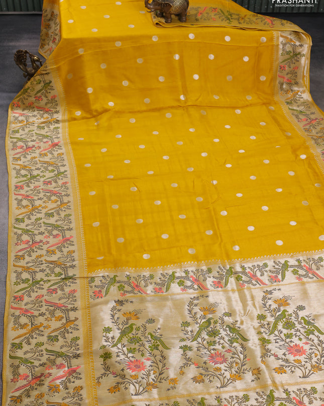 Banarasi semi raw silk saree mustard yellow with silver zari woven coin buttas and mina border