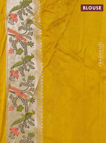 Banarasi semi raw silk saree mustard yellow with silver zari woven coin buttas and mina border