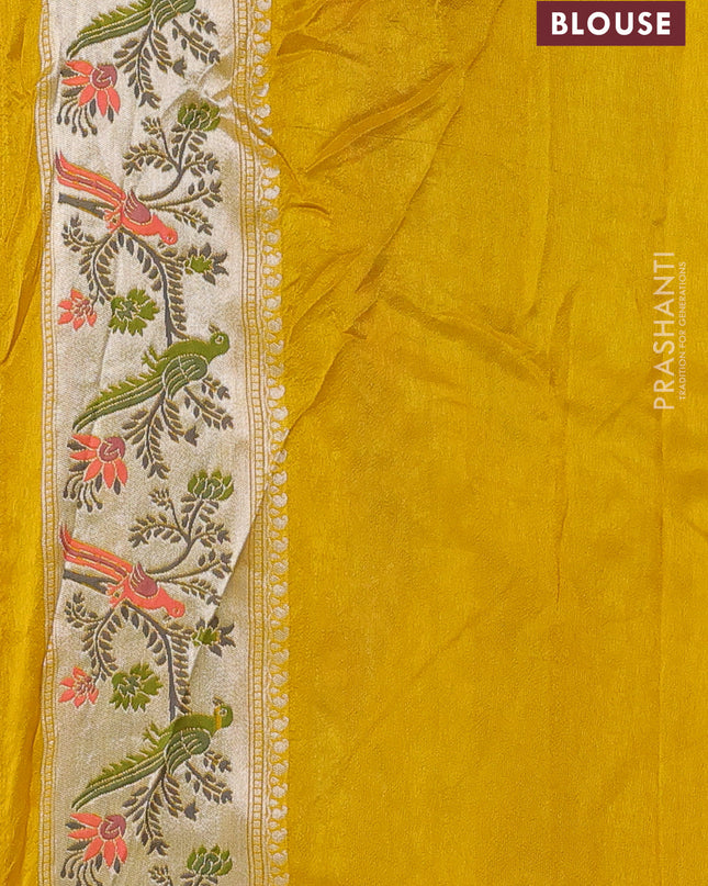Banarasi semi raw silk saree mustard yellow with silver zari woven coin buttas and mina border