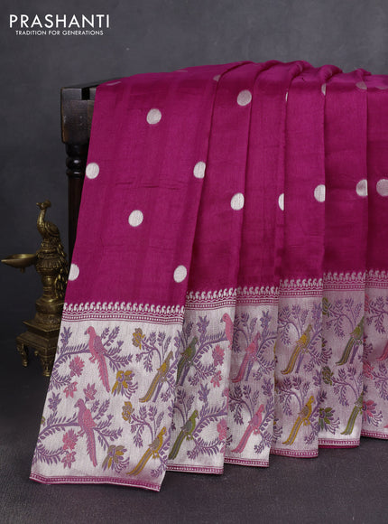 Banarasi semi raw silk saree pink with silver zari woven coin buttas and mina border