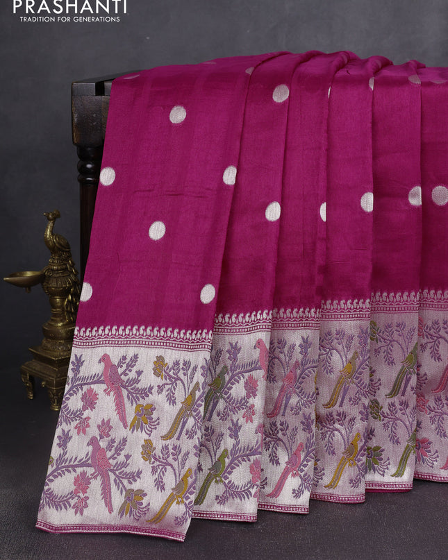 Banarasi semi raw silk saree pink with silver zari woven coin buttas and mina border