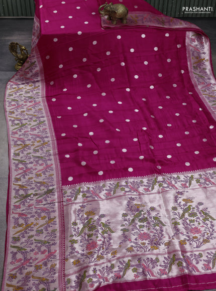 Banarasi semi raw silk saree pink with silver zari woven coin buttas and mina border