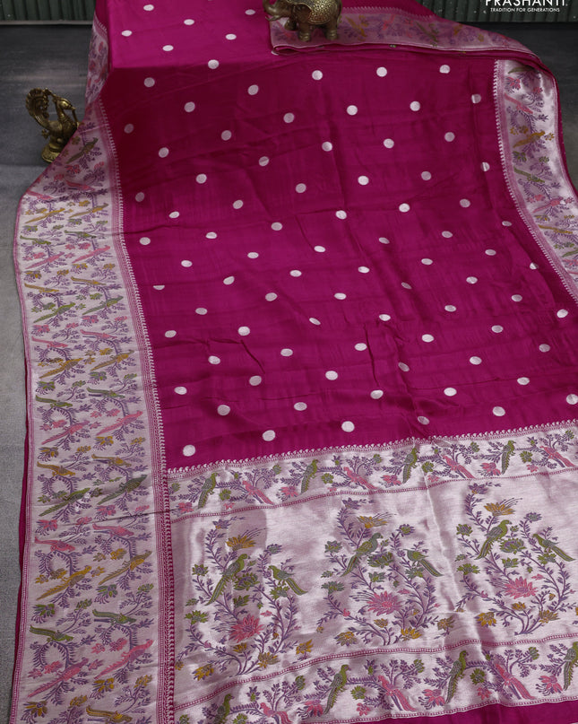 Banarasi semi raw silk saree pink with silver zari woven coin buttas and mina border