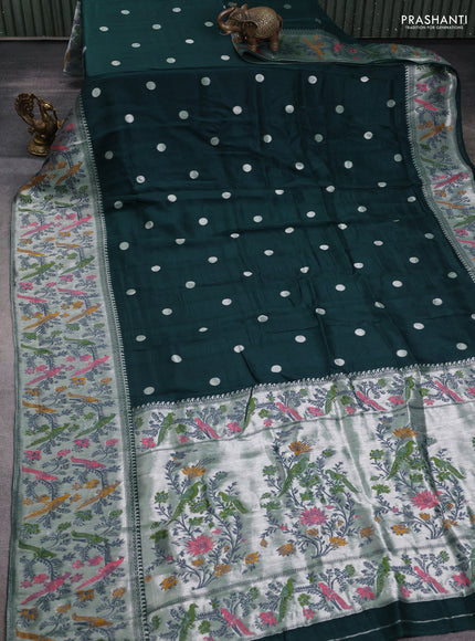 Banarasi semi raw silk saree peacock blue with silver zari woven coin buttas and mina border