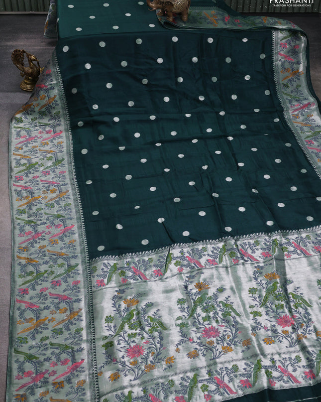 Banarasi semi raw silk saree peacock blue with silver zari woven coin buttas and mina border