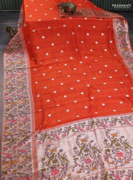 Banarasi semi raw silk saree orange with silver zari woven coin buttas and mina border