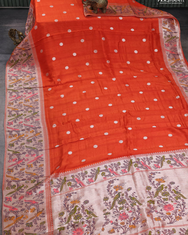 Banarasi semi raw silk saree orange with silver zari woven coin buttas and mina border