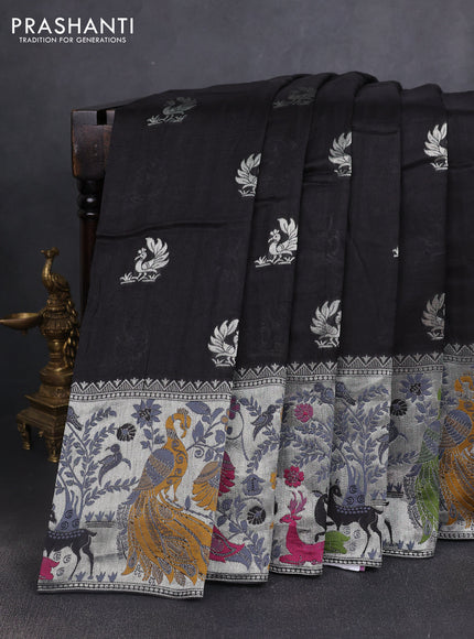 Banarasi semi raw silk saree black with silver zari woven buttas and mina border