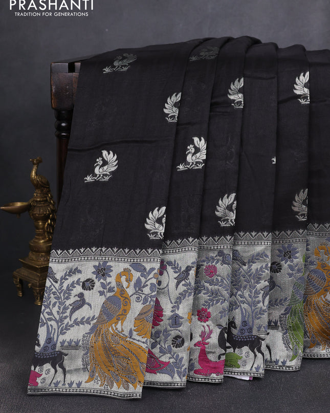 Banarasi semi raw silk saree black with silver zari woven buttas and mina border