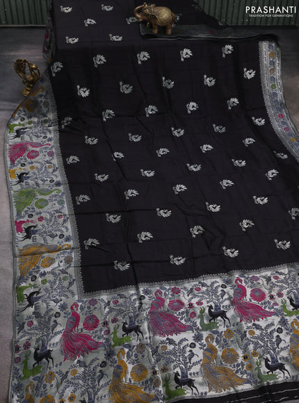 Banarasi semi raw silk saree black with silver zari woven buttas and mina border