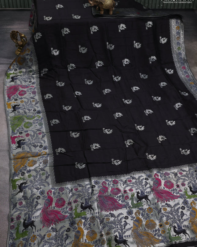 Banarasi semi raw silk saree black with silver zari woven buttas and mina border