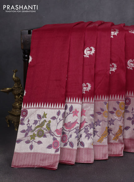 Banarasi semi raw silk saree red with silver zari woven buttas and mina border