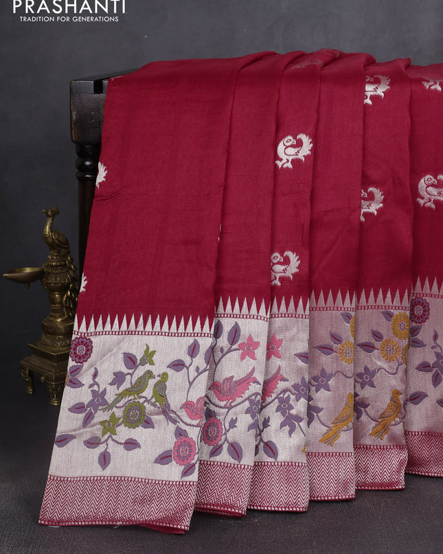 Banarasi semi raw silk saree red with silver zari woven buttas and mina border