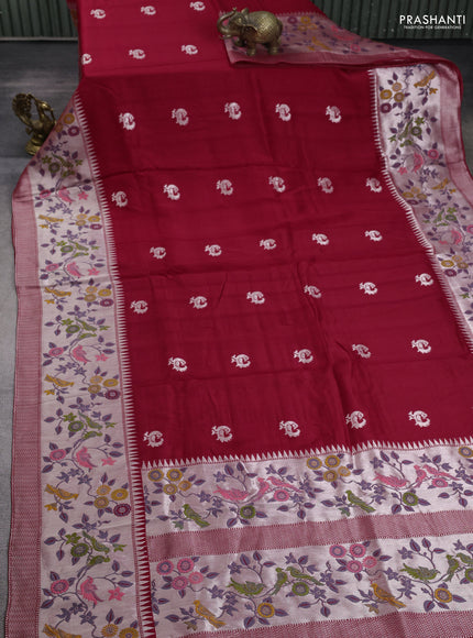 Banarasi semi raw silk saree red with silver zari woven buttas and mina border