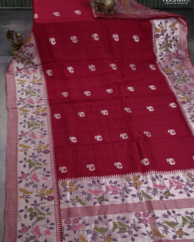 Banarasi semi raw silk saree red with silver zari woven buttas and mina border