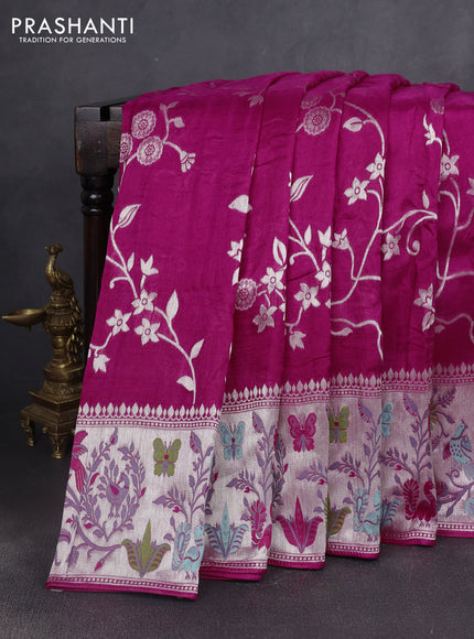 Banarasi semi raw silk saree pink with silver zari weaves and mina border