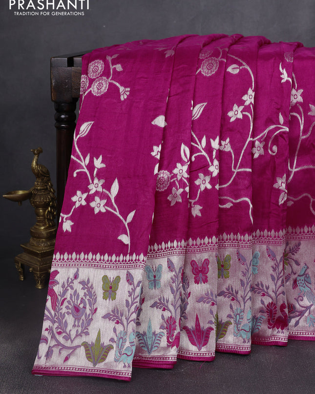 Banarasi semi raw silk saree pink with silver zari weaves and mina border