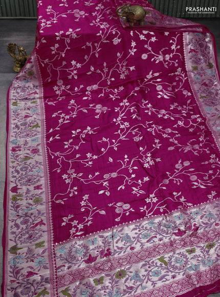Banarasi semi raw silk saree pink with silver zari weaves and mina border
