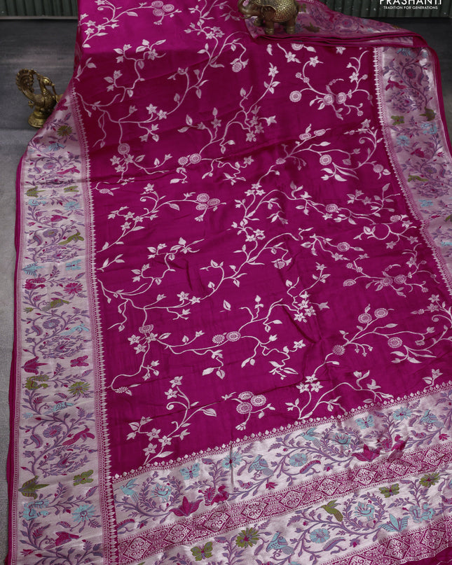 Banarasi semi raw silk saree pink with silver zari weaves and mina border