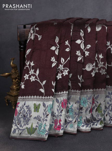 Banarasi semi raw silk saree coffee brown with silver zari weaves and mina border